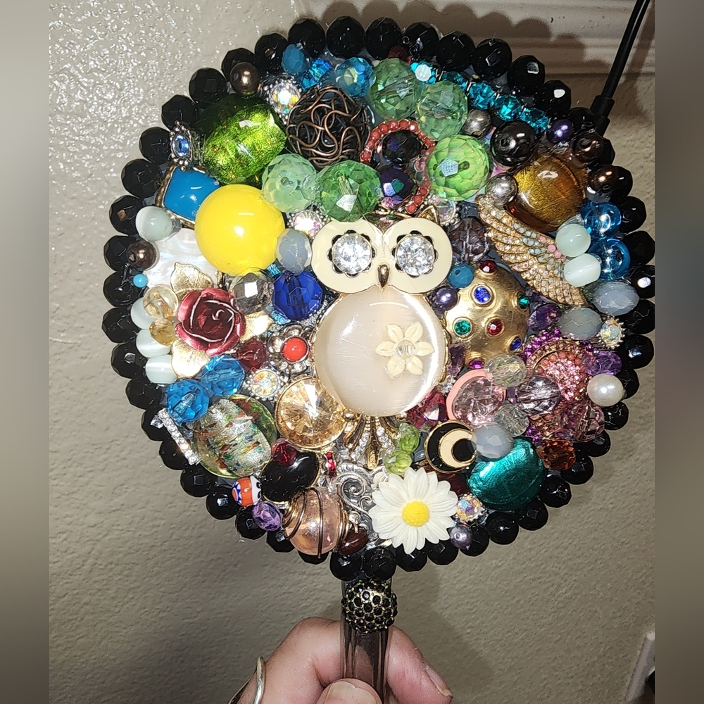 Hand Crafted Upcycled Jewelry Owl Hand Mirror